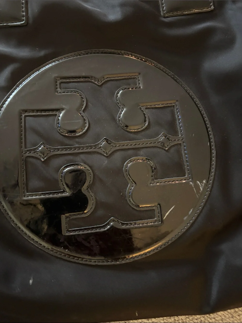 Tory Burch Black Nylon Logo Tote with Patent Trim