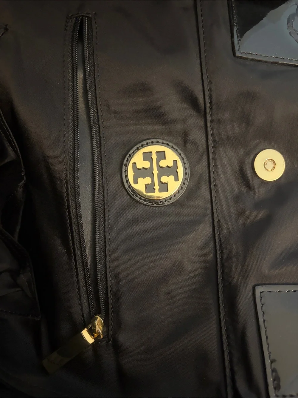 Tory Burch Black Nylon Logo Tote with Patent Trim