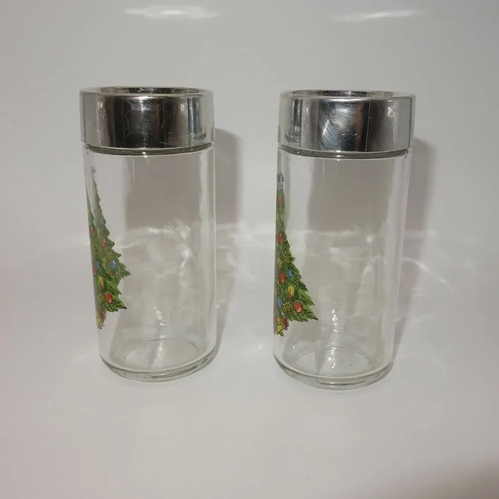Vintage Salt and Pepper Shakers Holiday Clear Glass with Christmas Tree