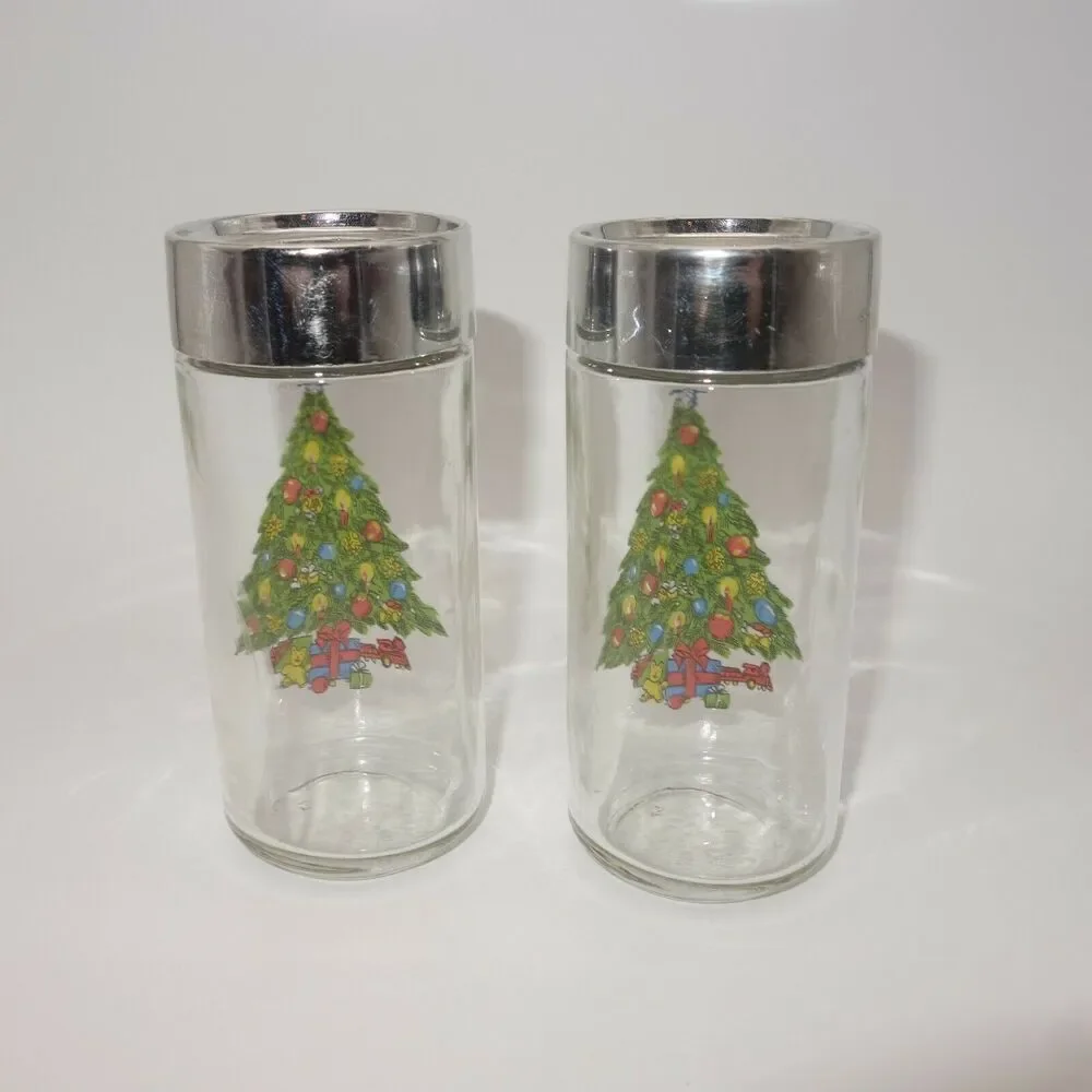 Vintage Salt and Pepper Shakers Holiday Clear Glass with Christmas Tree