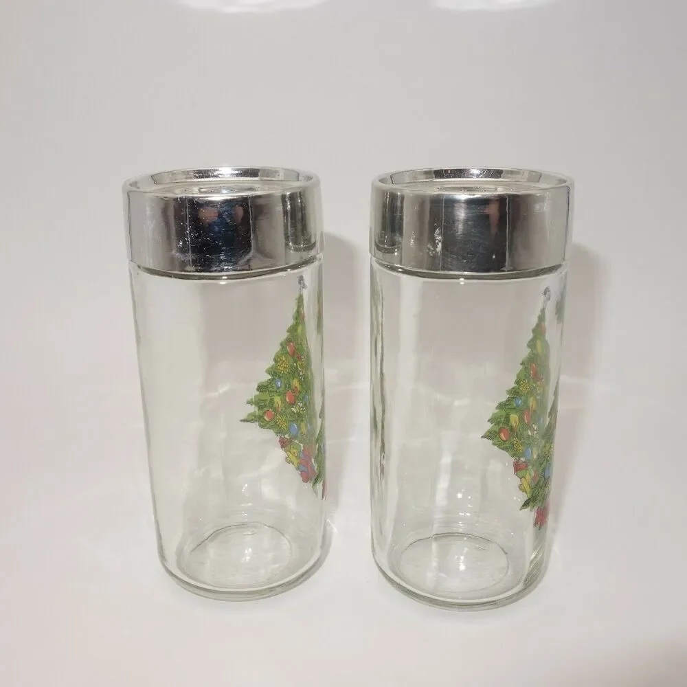 Vintage Salt and Pepper Shakers Holiday Clear Glass with Christmas Tree