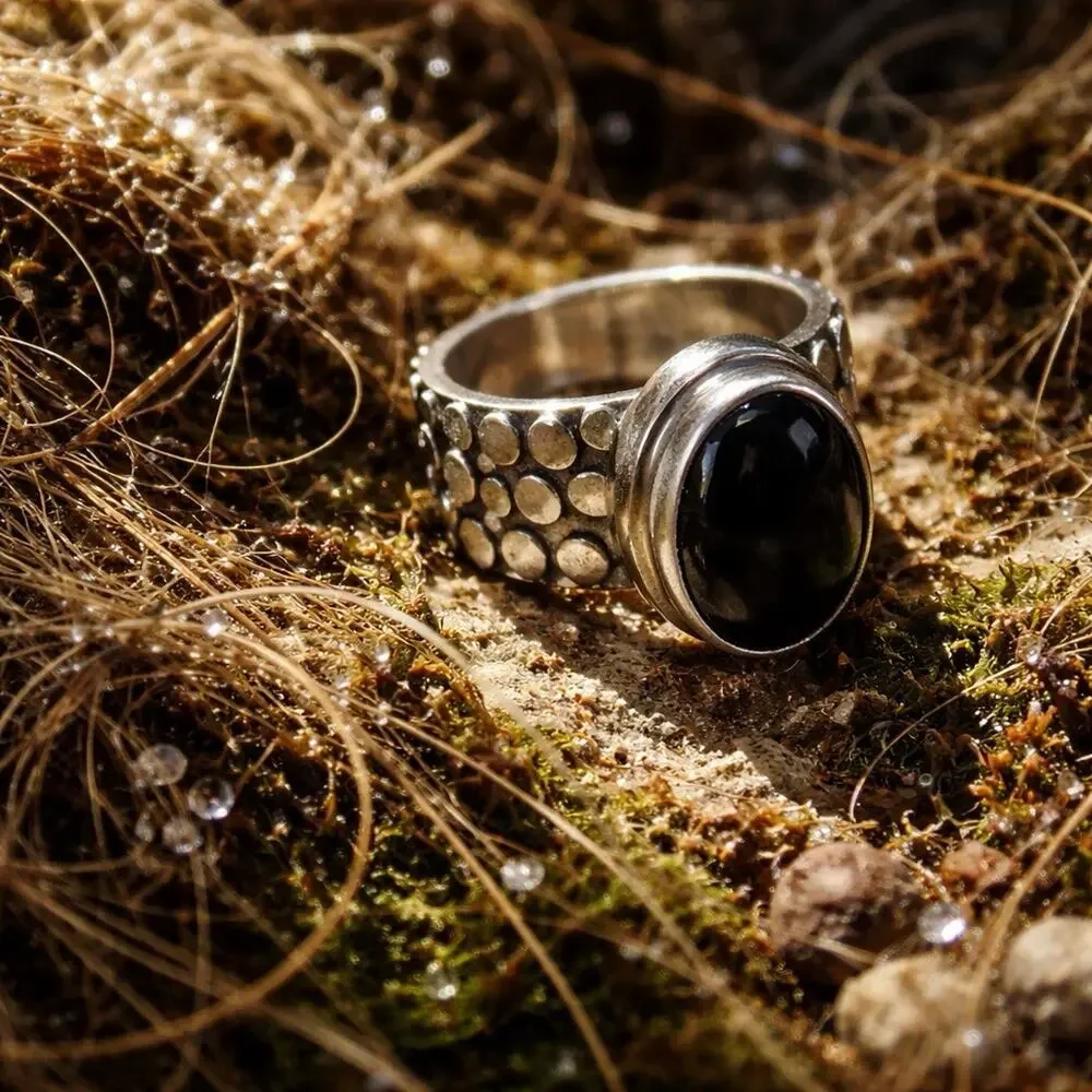 Oval Onyx Black Stone Sterling Silver Men’s Ring – size 8.25 Masculine