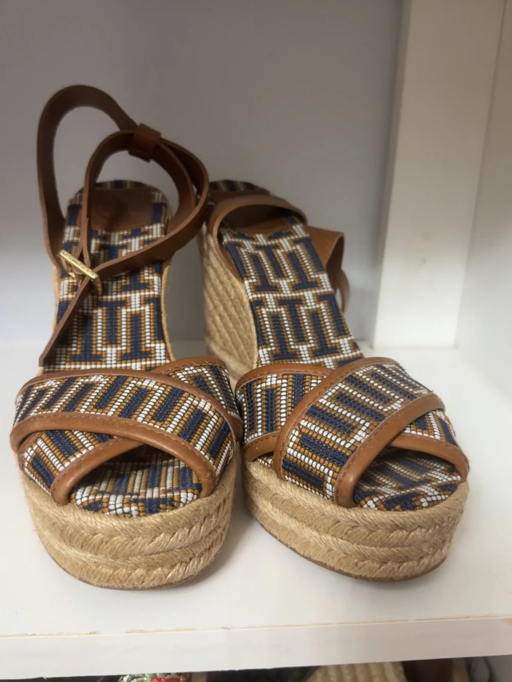 Tory Burch Tan and Navy Beaded Espadrille Wedge Sandals