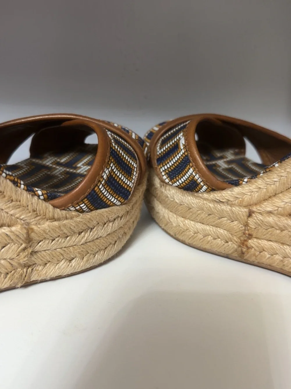 Tory Burch Tan and Navy Beaded Espadrille Wedge Sandals