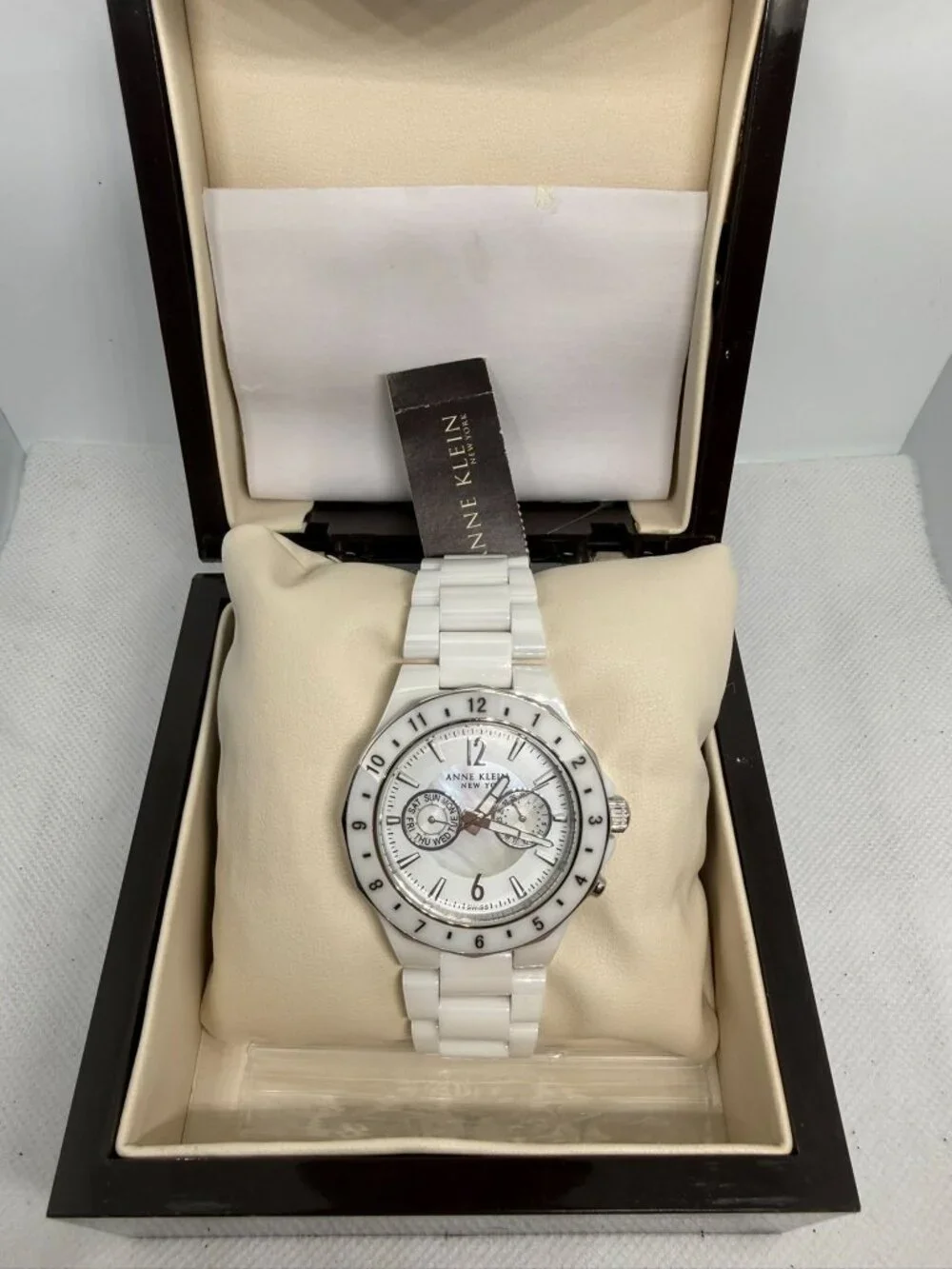 Anne Klein 12/1979WMWB Women's 40mm White Ceramic MOP Dial Swiss Quartz Watch