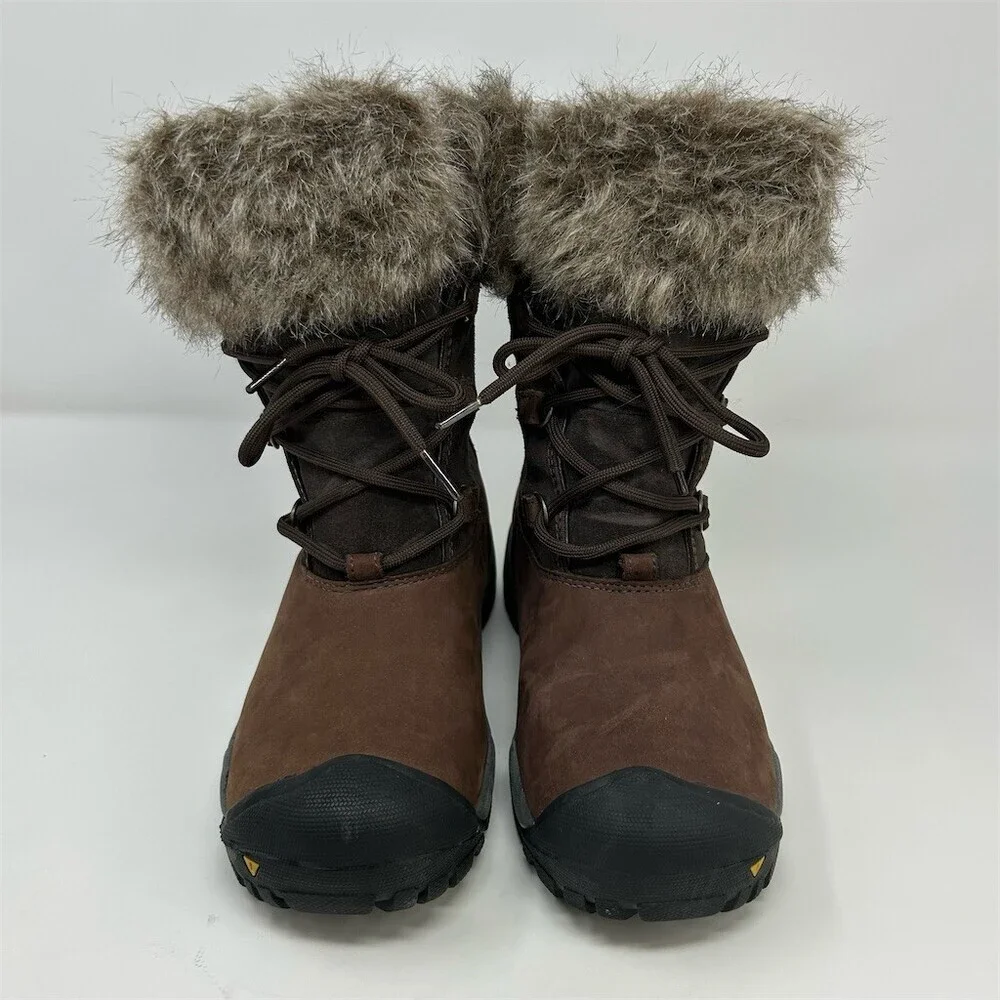 KEEN Helena Waterproof Winter Snow Boots Brown Faux Fur Cuff Lace Up Size 7.5