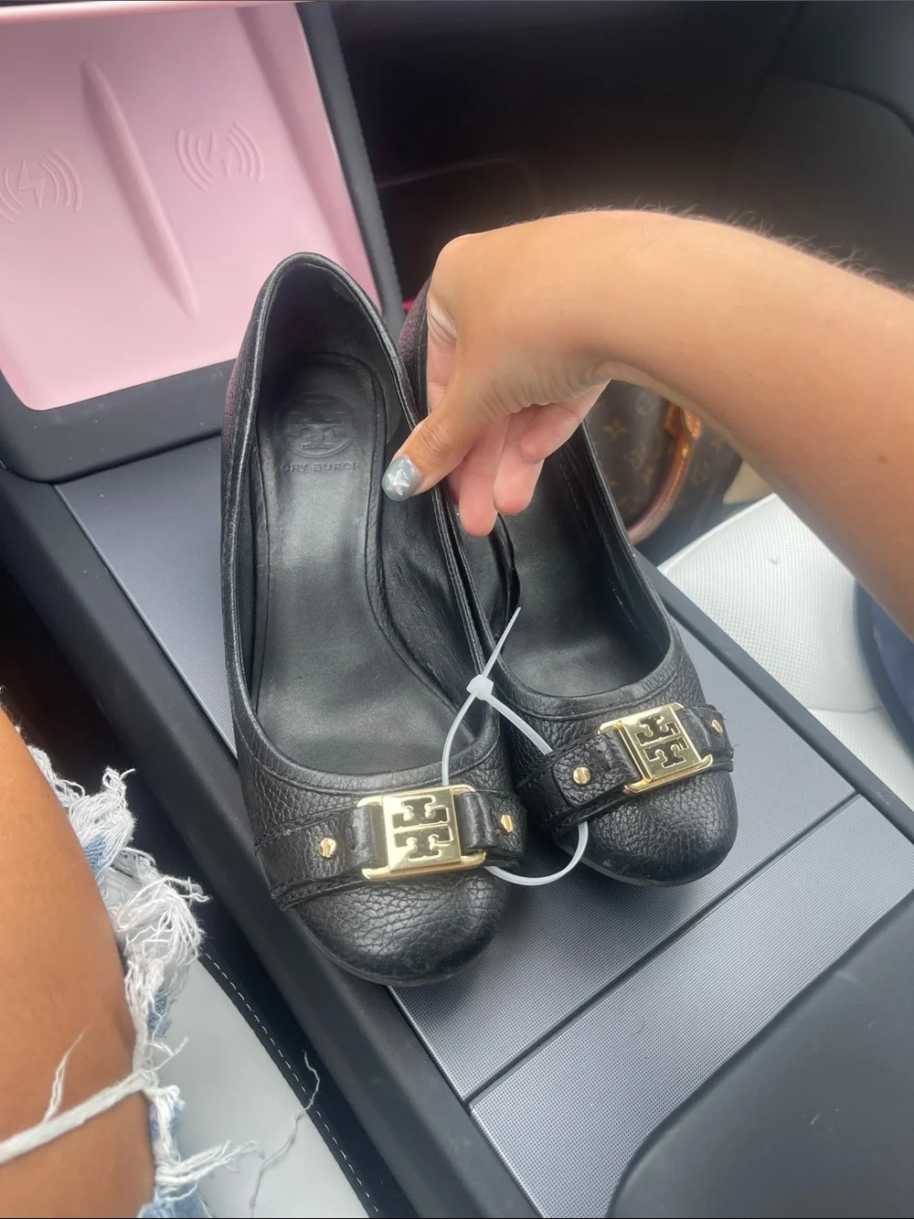 Tory Burch Black Leather platform heels with Gold Logo Accent