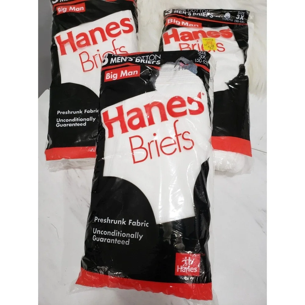 9 PAIR VTG 1990 Hanes Underwear Big Man Briefs Men 3XL 50-52 Deadstock White