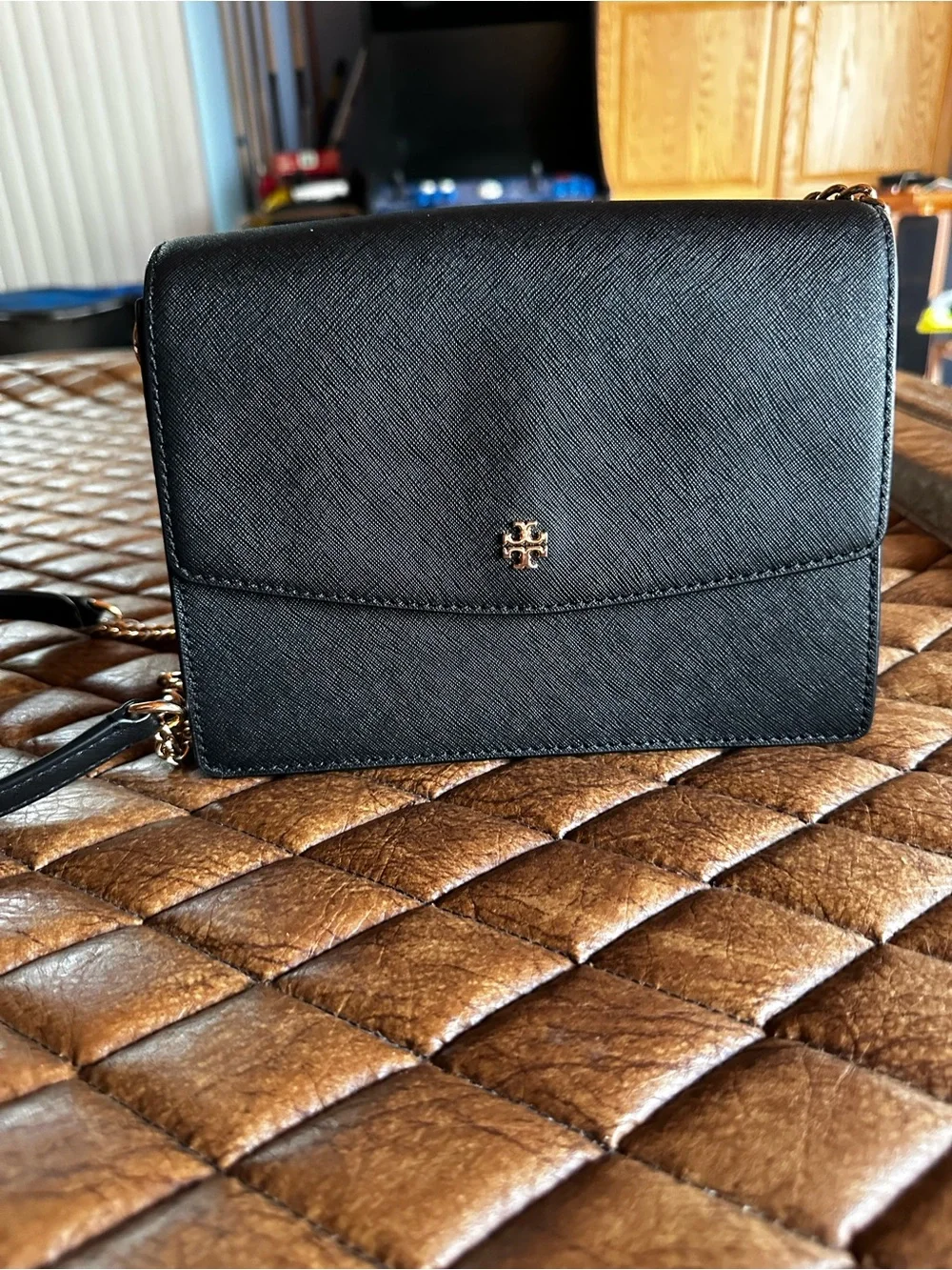 Tory Burch Black Saffiano Crossbody with Gold Logo
