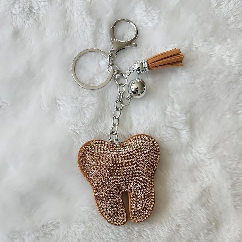 Rhinestone Dental Tooth Keychain with Tassel Bag Charm