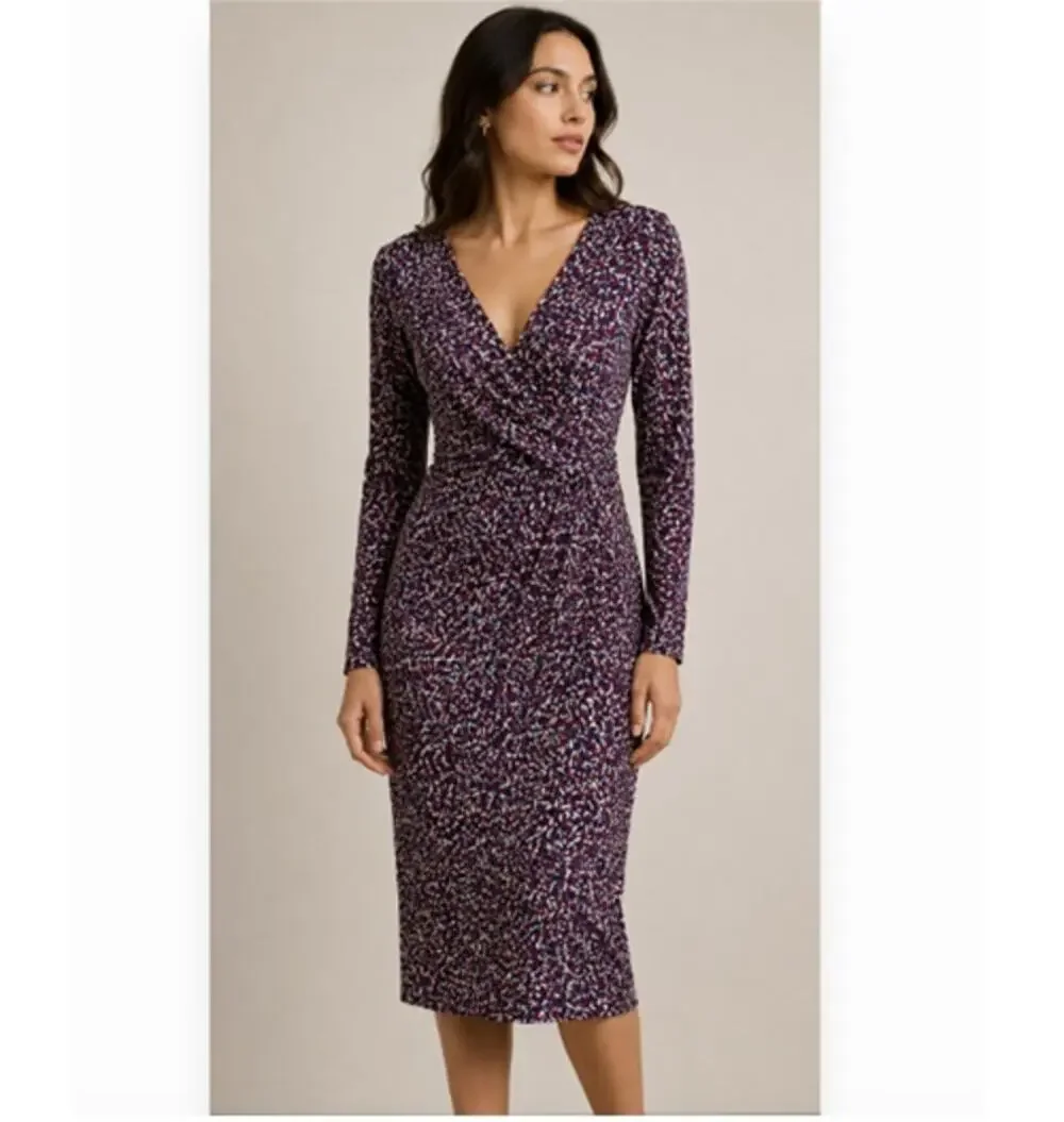 Tory Burch Dress Womens Small Burgundy Confetti Print 100% Silk Ruched