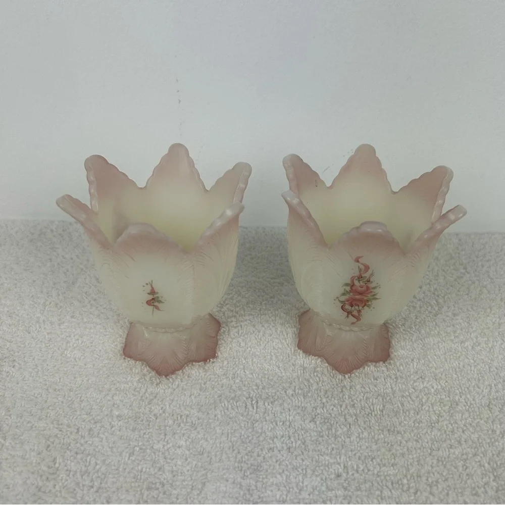Pair of VTG '1980's' Fenton Art Glass Burmese - 2 way Votive - Signed/Painted