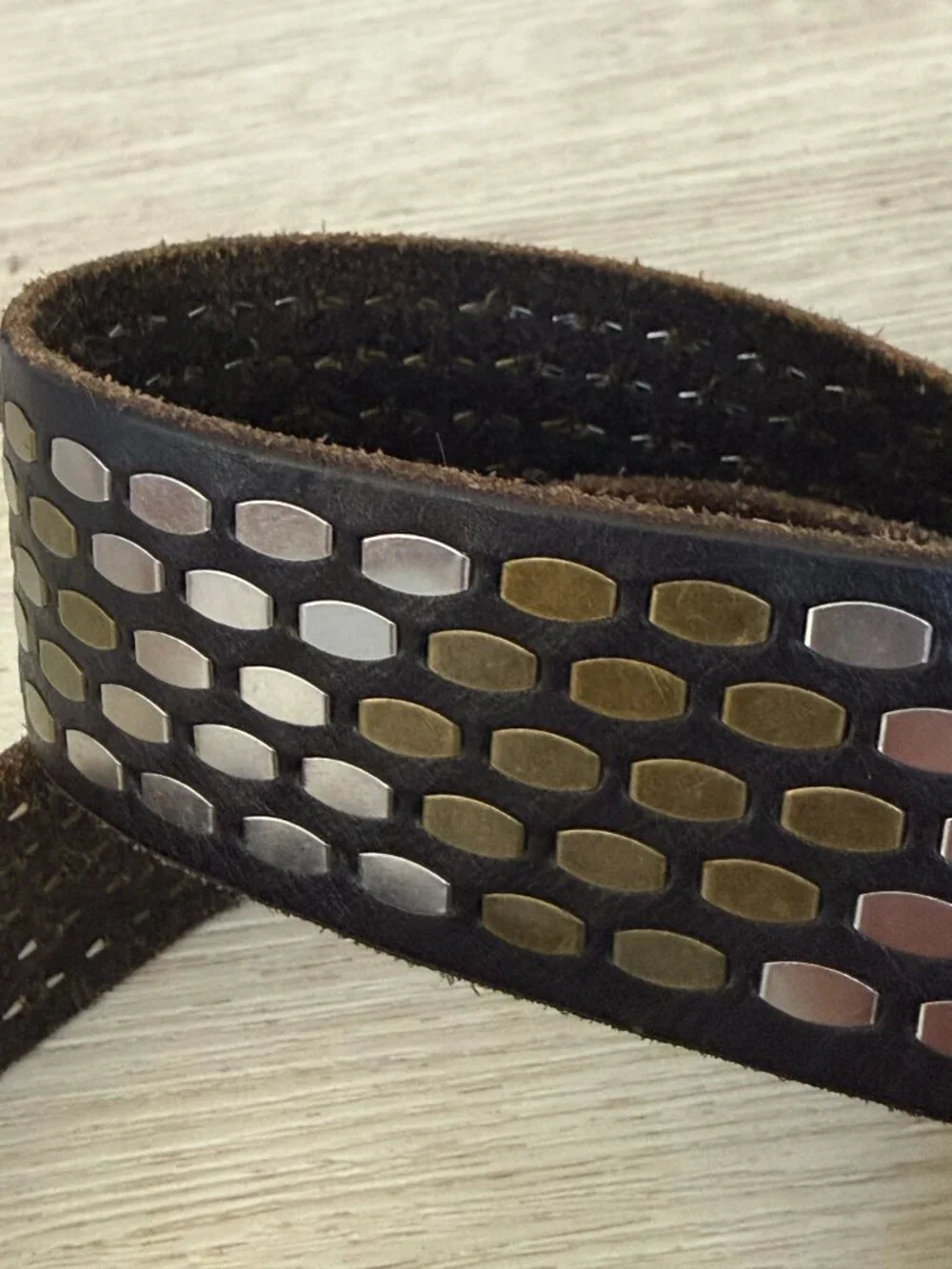 Leather Studded Belt Brown Mixed Metal Silver Brass Boho Western Festival Medium