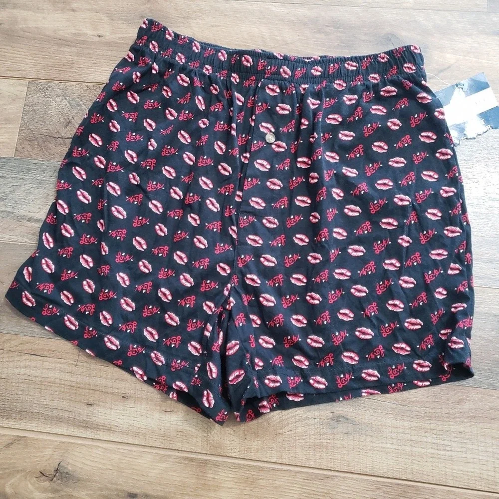Towncraft Mens Black Red Lips Love Cotton Boxer Shorts Valentine‎ Medium Lounge