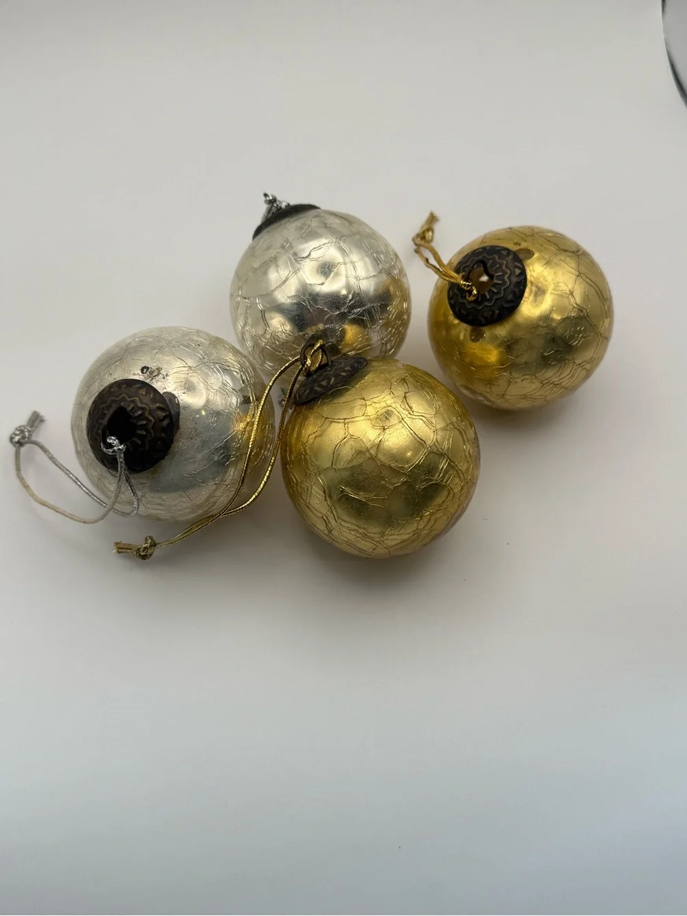 Set of 4 Vintage Metallic Gold & Silver Ornaments, Kugel Style, mercury glass