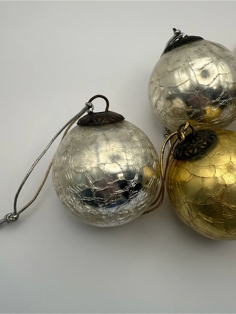 Set of 4 Vintage Metallic Gold & Silver Ornaments, Kugel Style, mercury glass