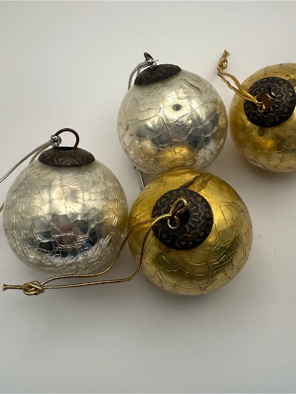 Set of 4 Vintage Metallic Gold & Silver Ornaments, Kugel Style, mercury glass