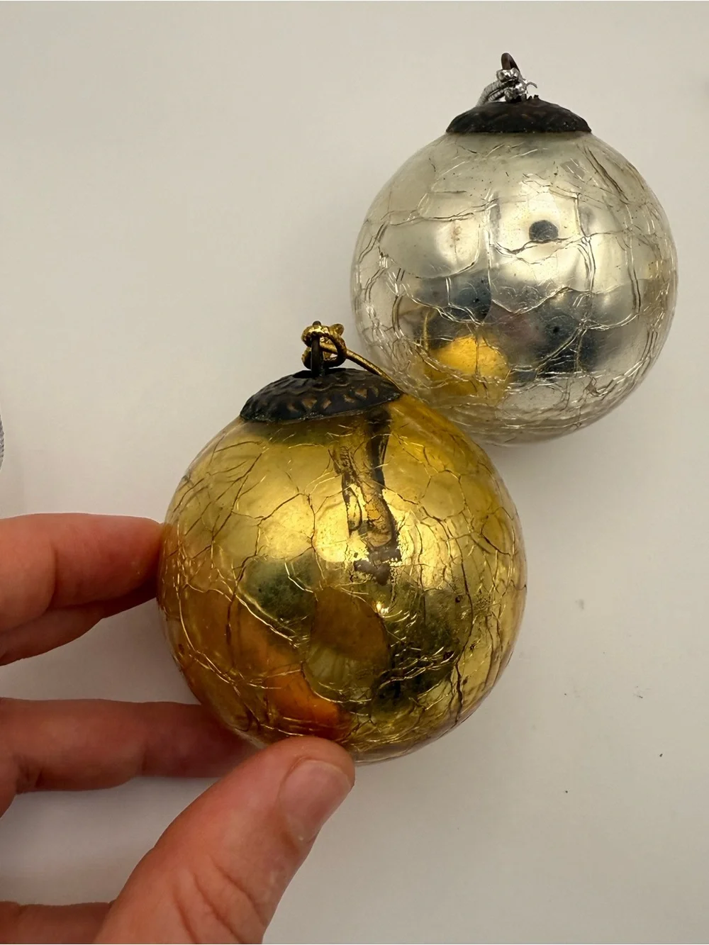 Set of 4 Vintage Metallic Gold & Silver Ornaments, Kugel Style, mercury glass