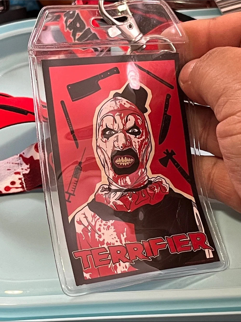 Red Graphic Lanyard with Card Holder and Charm