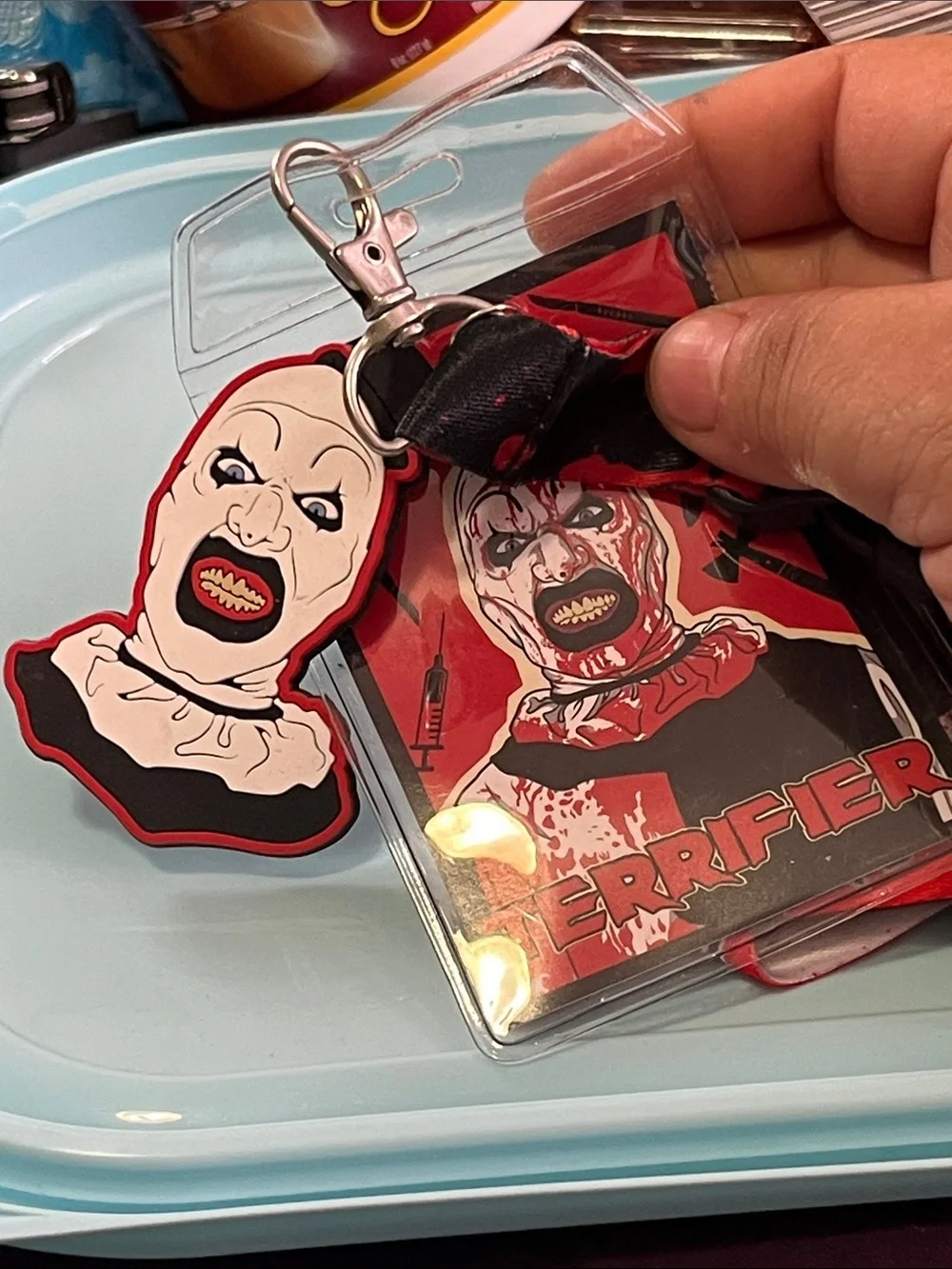 Red Graphic Lanyard with Card Holder and Charm