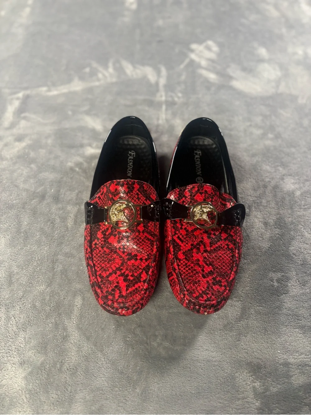 FASHION Red Snakeskin Loafers with Gold Accent
