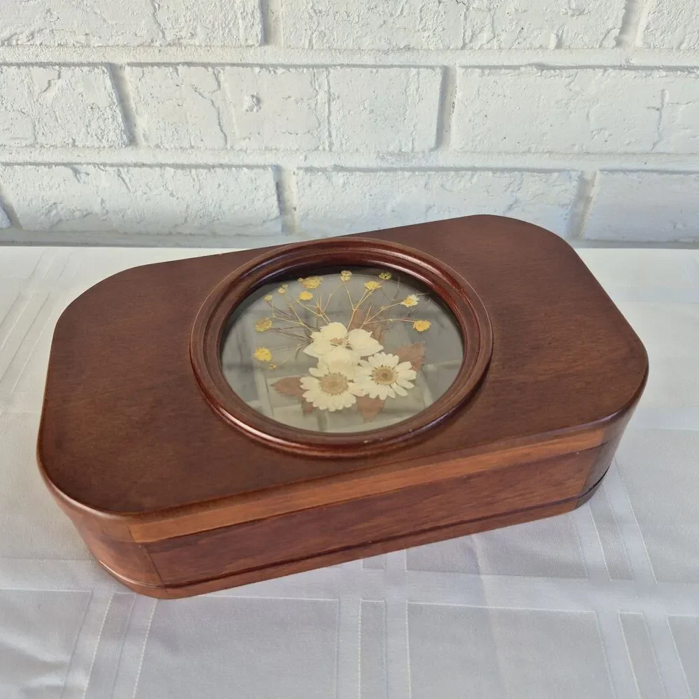 Vntg 90s Flower Inlay Glass  Jewelry Box