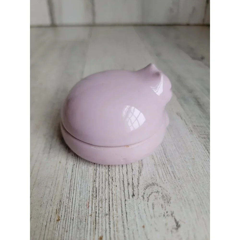 R.O.C. Pink curled up‎ cat trinkets ceramic box Unique Home Decor