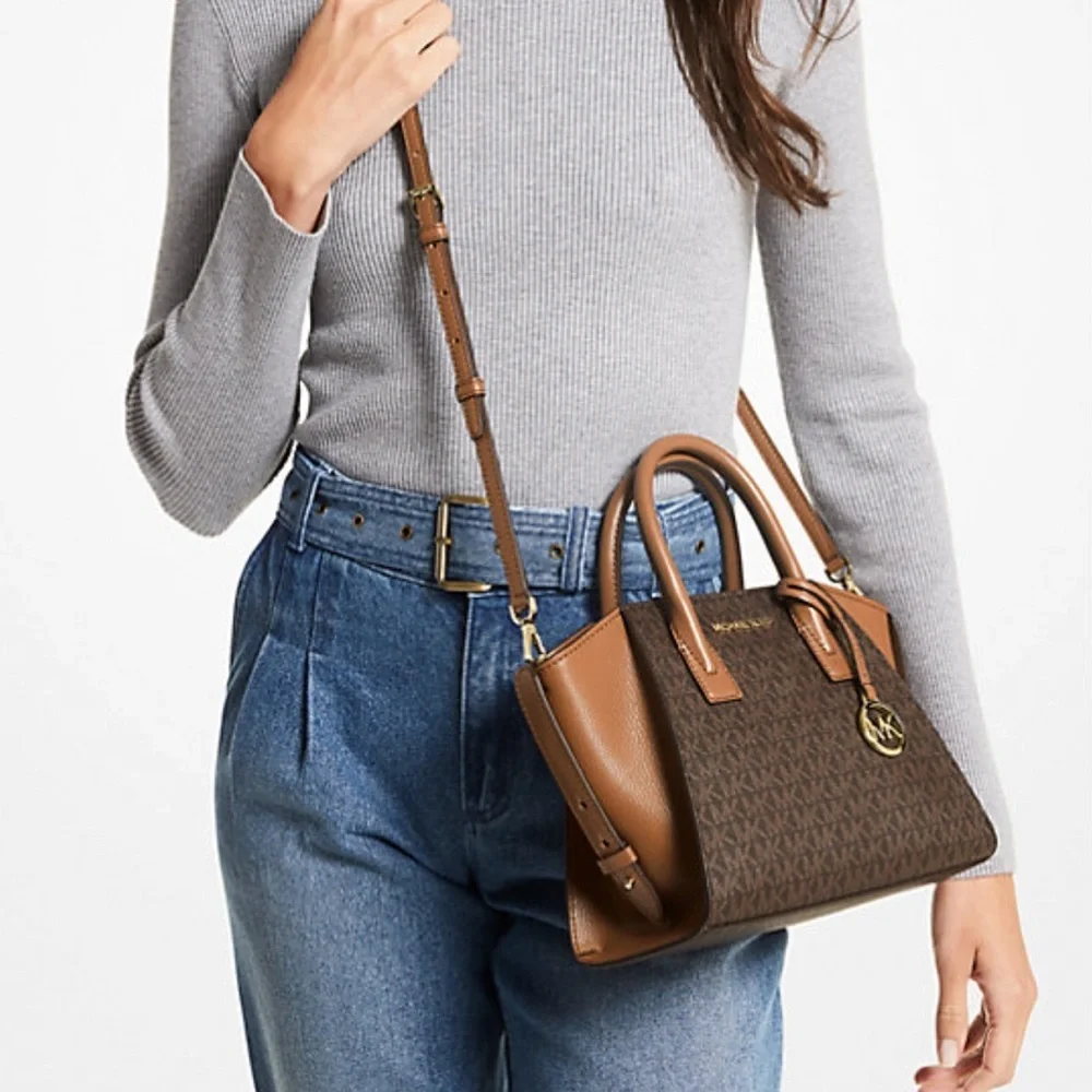 MICHAEL KORS Avril Small Logo Top-Zip Satchel Brown  NWT
