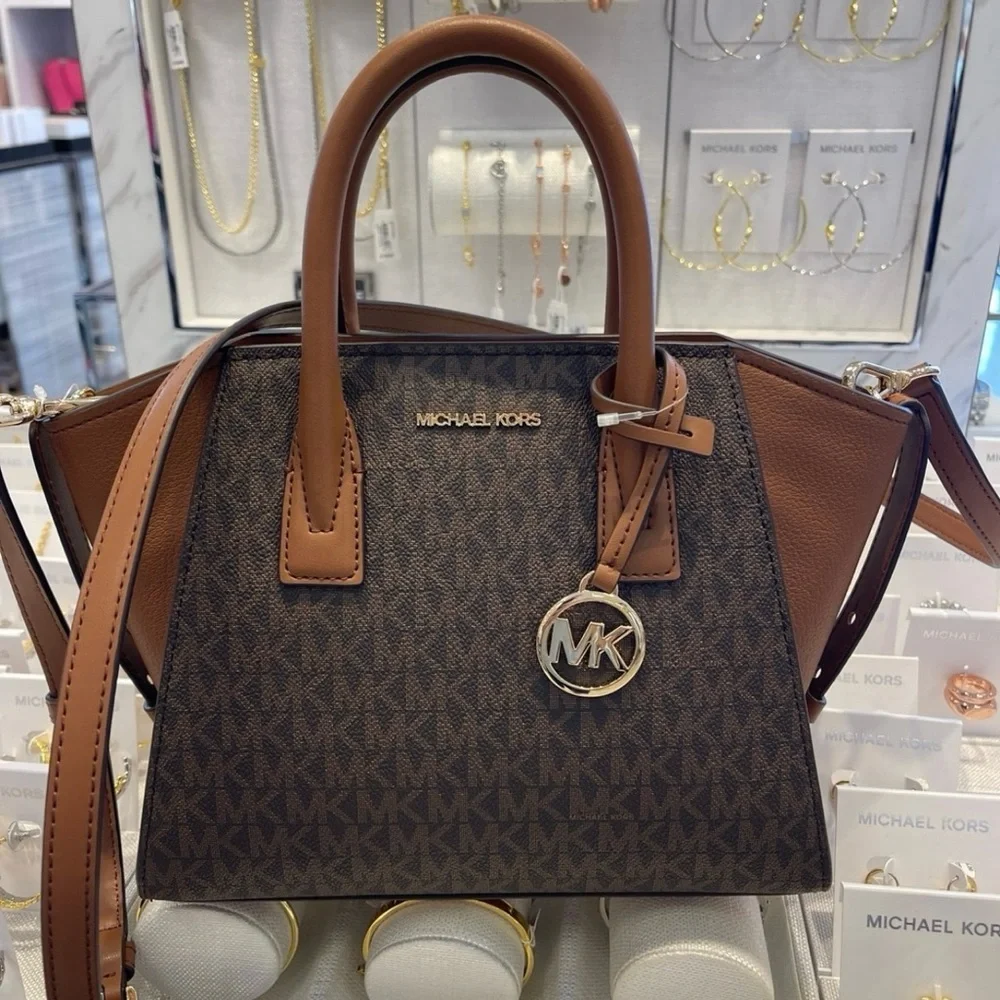 MICHAEL KORS Avril Small Logo Top-Zip Satchel Brown  NWT