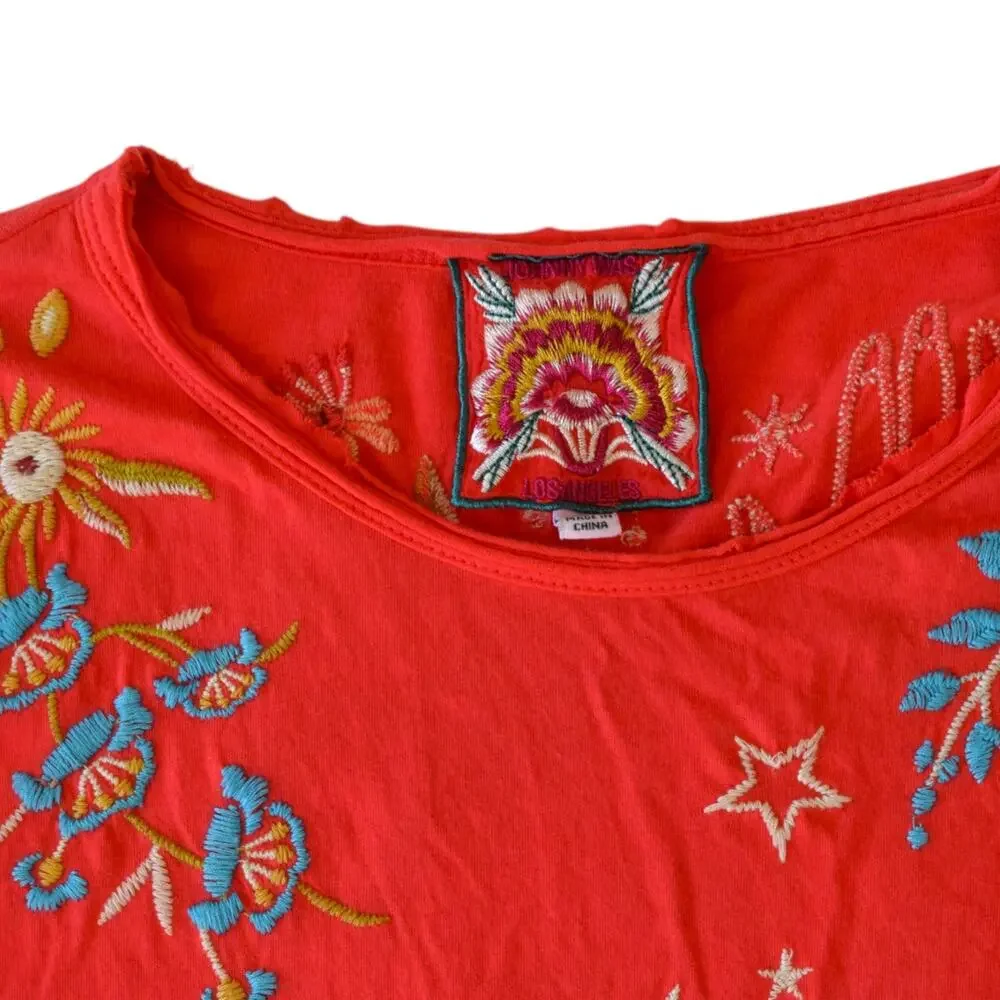 Johnny Was Maris Red Embroidered Puff Sleeve Cotton Knit Boho Tee Shirt XS