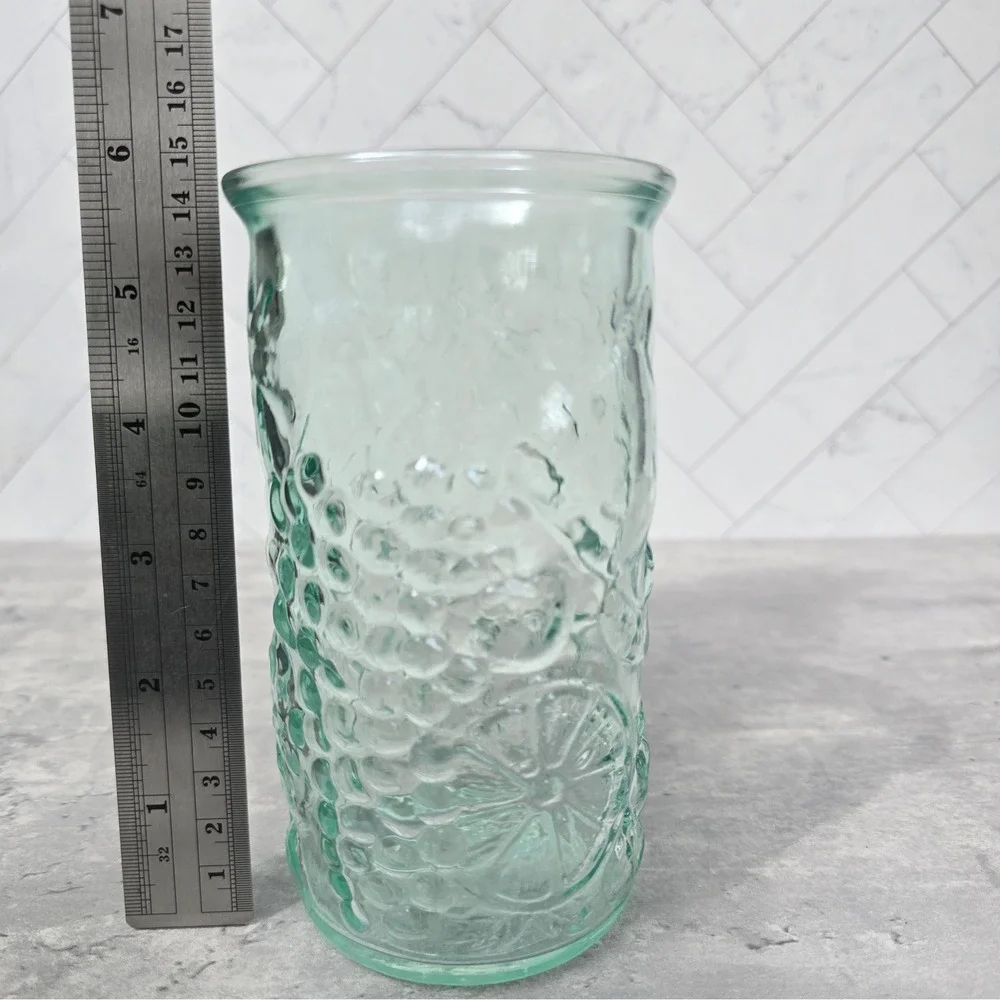 Vintage Made in Italy Green Glass Fruit Embossed Vase Carafe Grapes Citrus