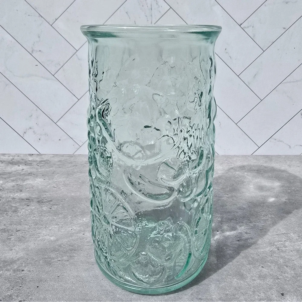 Vintage Made in Italy Green Glass Fruit Embossed Vase Carafe Grapes Citrus