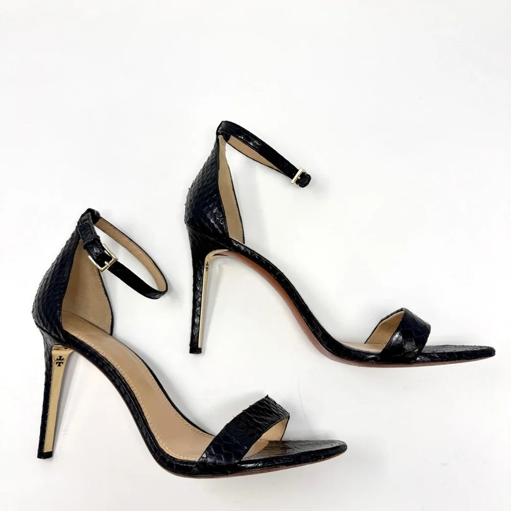 Tory Burch Keri Black Snakeskin Ankle Strap Stiletto Heels Sandals