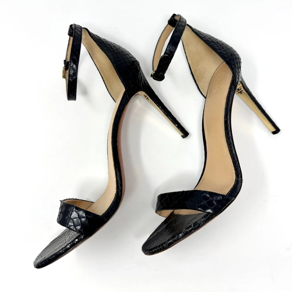 Tory Burch Keri Black Snakeskin Ankle Strap Stiletto Heels Sandals