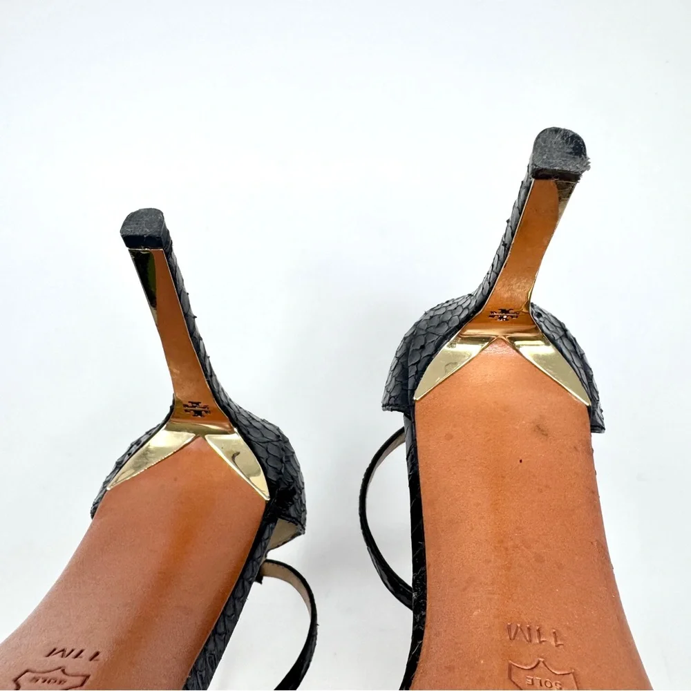 Tory Burch Keri Black Snakeskin Ankle Strap Stiletto Heels Sandals