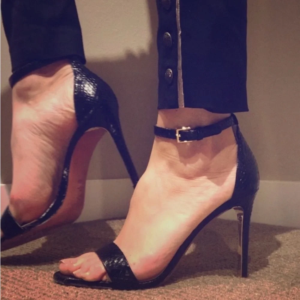 Tory Burch Keri Black Snakeskin Ankle Strap Stiletto Heels Sandals