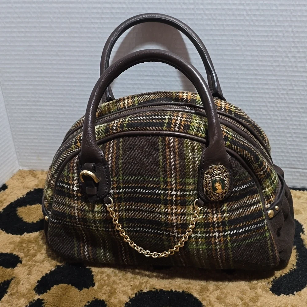 Juicy Couture Brown and Green Plaid Bowler Bag