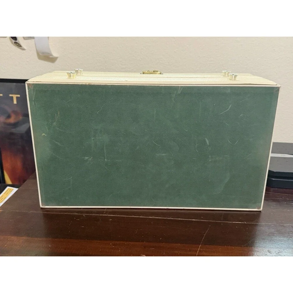 1960s Mele Ivory Leatherette Jewelry Box Velvet Blue Interior MCM 16 X 6 1/2