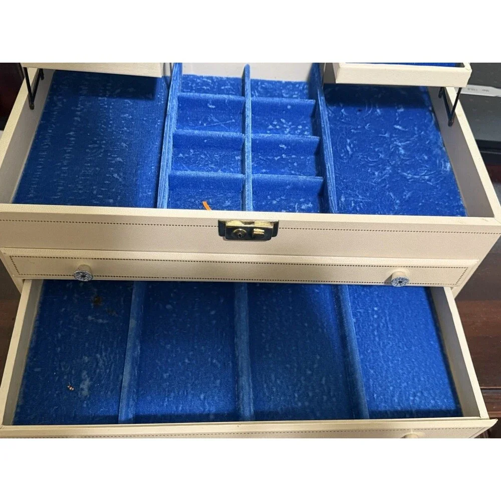 1960s Mele Ivory Leatherette Jewelry Box Velvet Blue Interior MCM 16 X 6 1/2