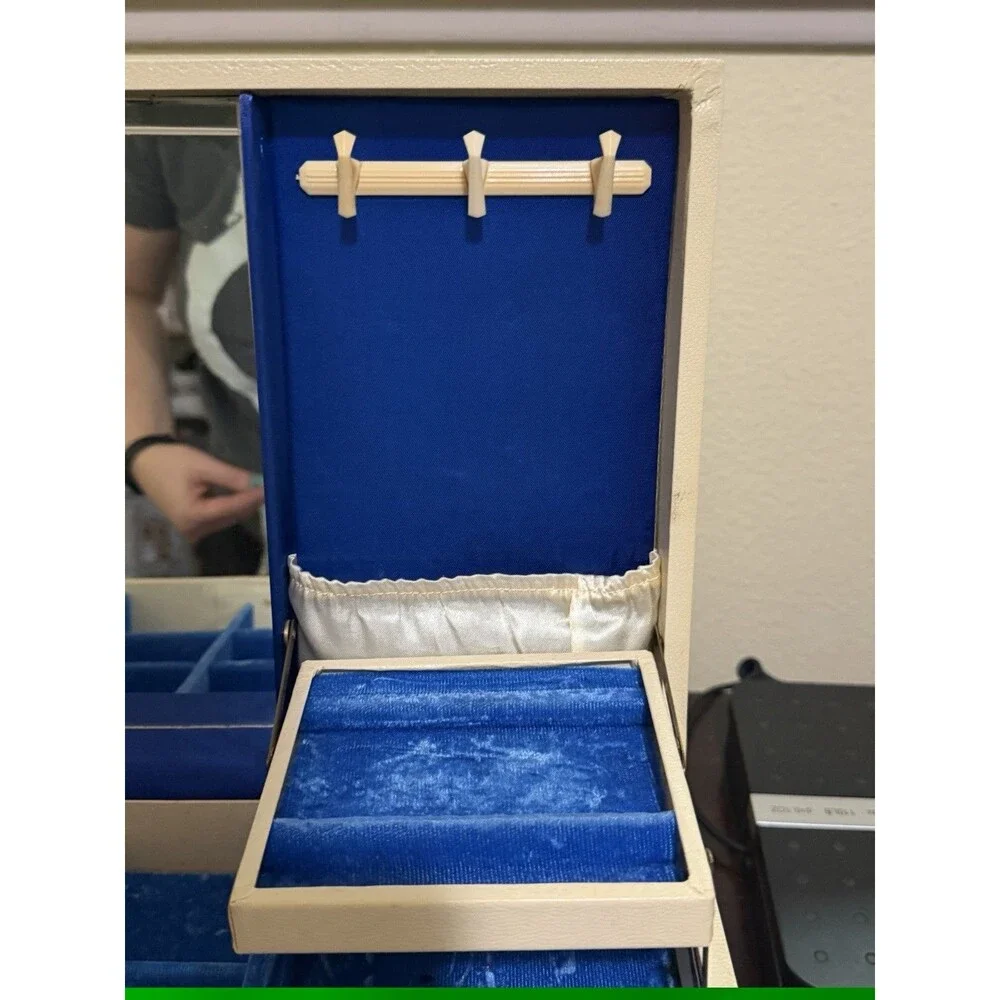 1960s Mele Ivory Leatherette Jewelry Box Velvet Blue Interior MCM 16 X 6 1/2