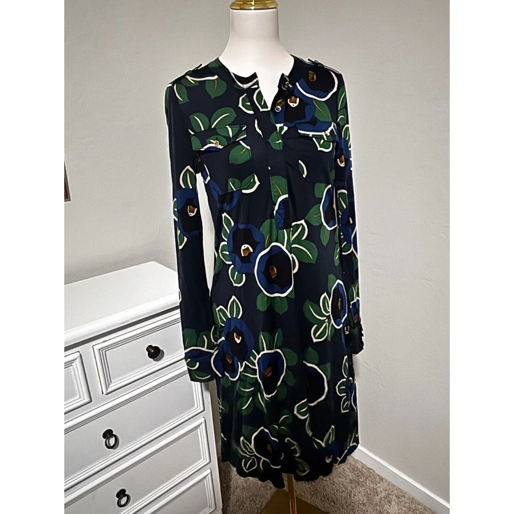 Tory Burch Navy Blue Floral Long Sleeve Shift Dress with Pockets Size Small