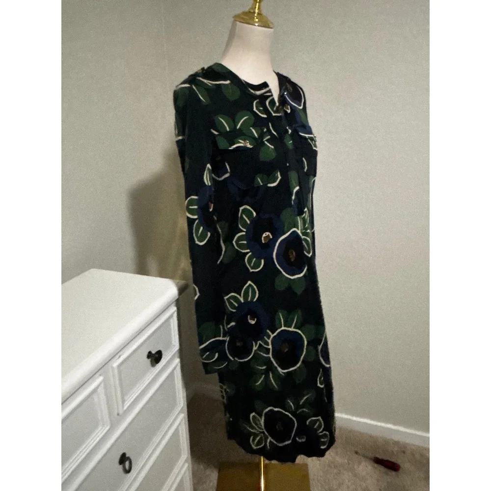 Tory Burch Navy Blue Floral Long Sleeve Shift Dress with Pockets Size Small