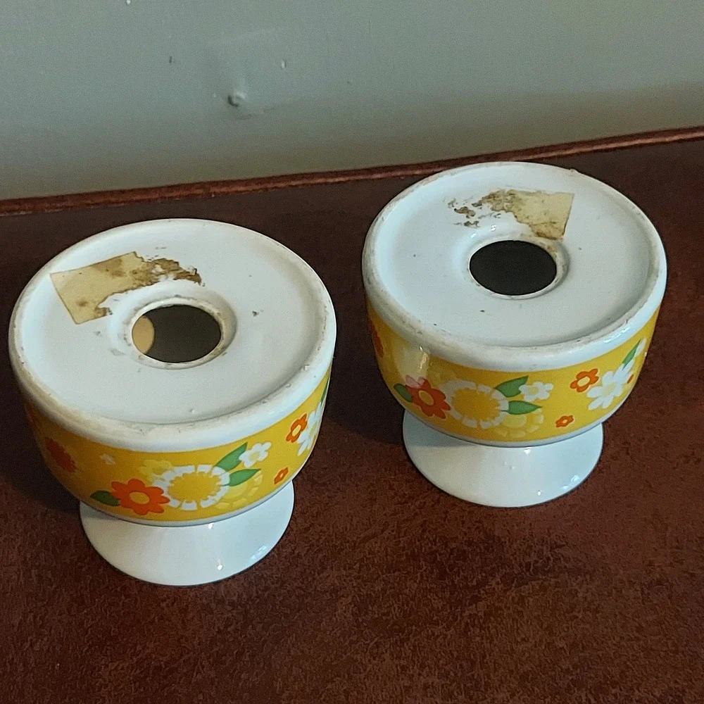 Vintage 70s Floral Ceramic Taper Candle Holder Set Yellow Orange Flower Power 3