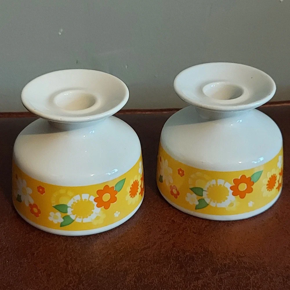 Vintage 70s Floral Ceramic Taper Candle Holder Set Yellow Orange Flower Power 3