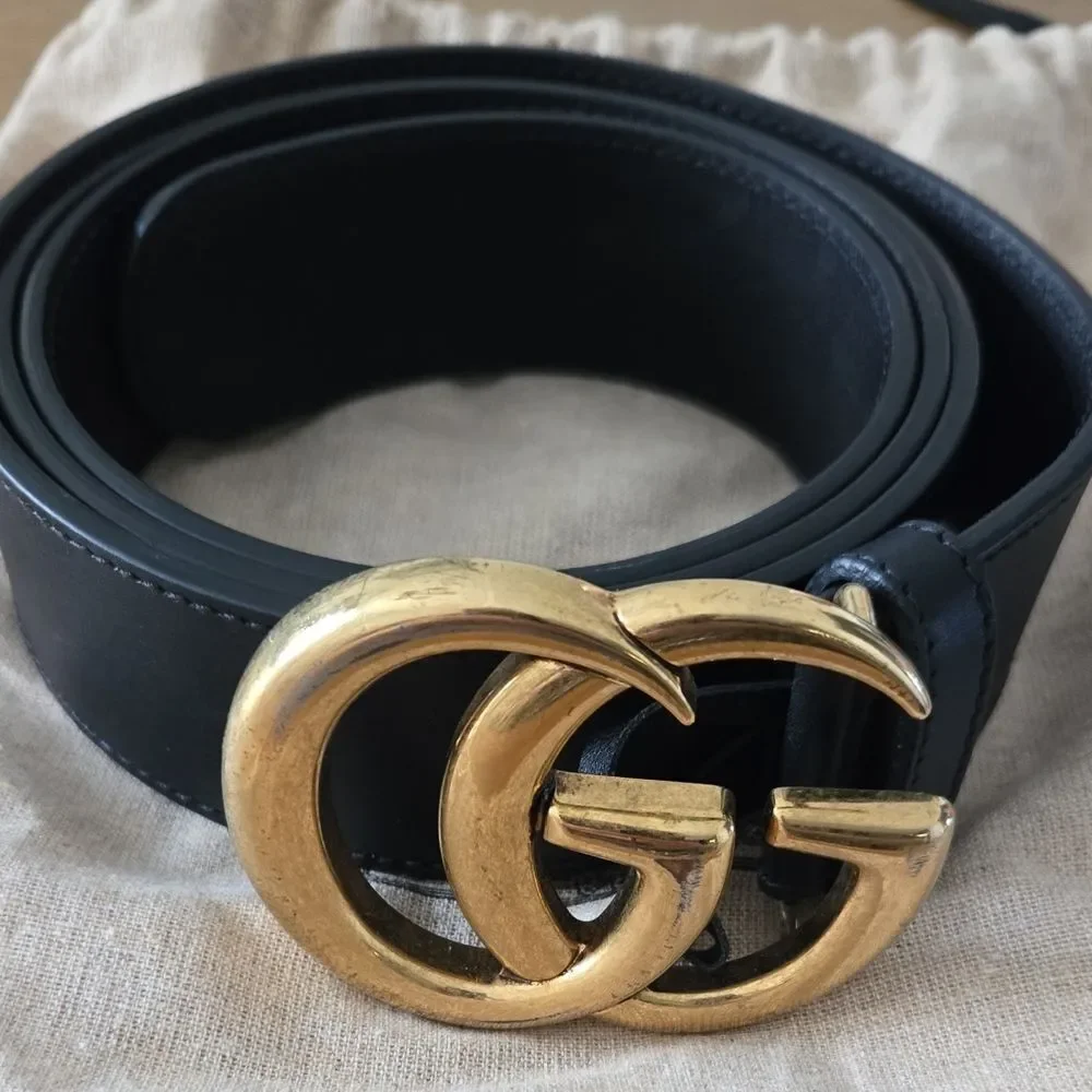 AUTHENTIC Gucci Black Belt with Gold GG Buckle 115/46