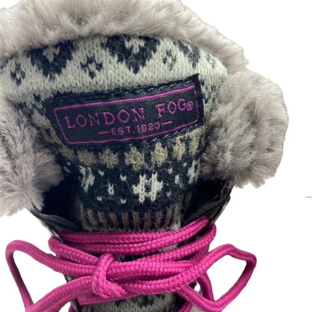 London Fog Big Girl Black Faux Fur Aztec Print Winter Snow Tottenham Boots‎ Sz 2