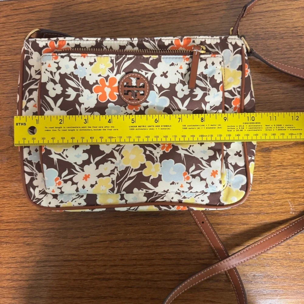 Tory Burch Womens Floral Nylon Crossbody Bag Brown Yellow Blue Boho