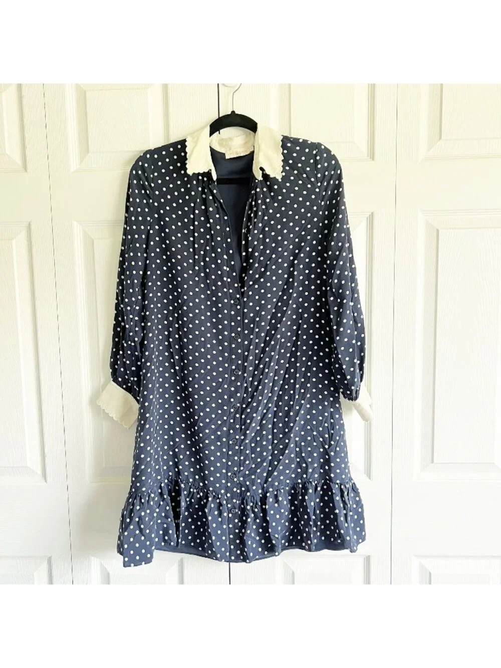 Tory Burch Cora Navy Blue White Polka Dot Silk Shirt Dress Women's Size 8