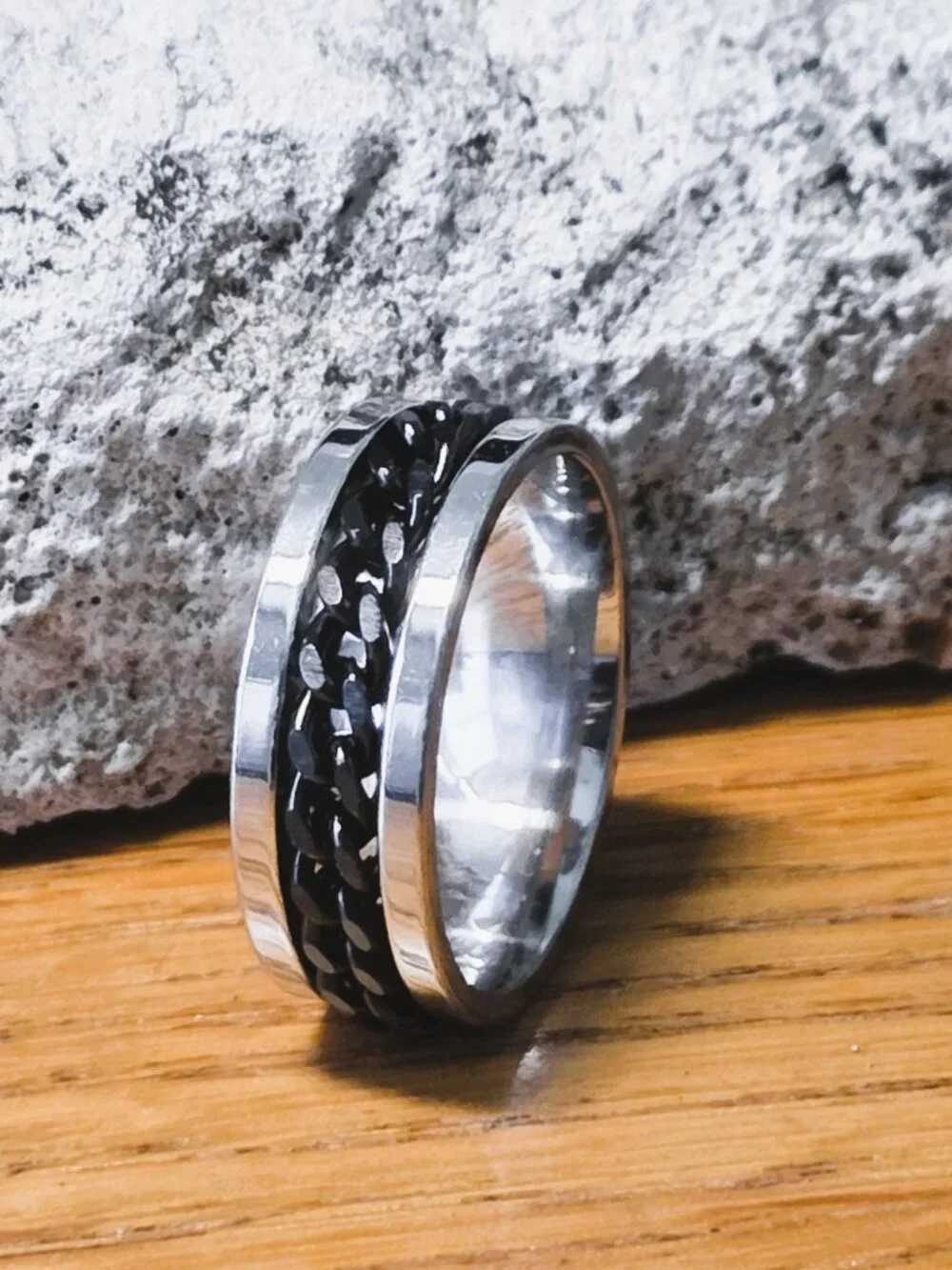 NEW! Stainless Steel Spinner Ring with Black Braided Chain Fidget Band - Size 10