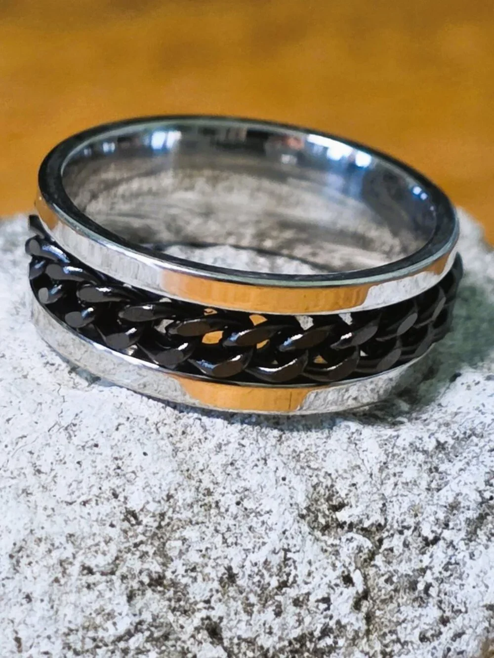 NEW! Stainless Steel Spinner Ring with Black Braided Chain Fidget Band - Size 10